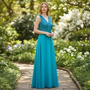 QUANJINR Gown Womens 2XL Teal Blue Sequin Lace Plus Wedding Prom